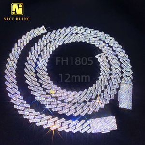 Stock pronti da 12 mm paving diamond tester catena monaco vvs moissanite diamond 18k oro collana placcata bracciale ghiacciata catena cubana