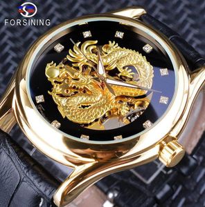 Forsining Diamond Dragon Display goldenes Skelett Luminöser Hand Männer Beobachten Sie schwarze echte Leder wasserdichte mechanische Uhr Clock298702768