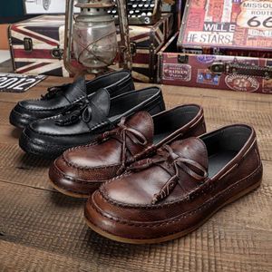 Casual Shoes Euro Size Super Soft äkta Leather Men's Bow-Knot loafer Leisure Affärsman Koncise Driving Car Lighweight Flats