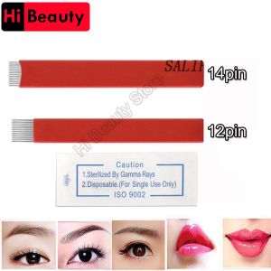 Maschinen 100pcs/Los rot 12/14 Pin Flat Shading Blade Disposable Dauer Make -up Augenbrauen -Tattoo -Nadel für Microblading Manual Pen