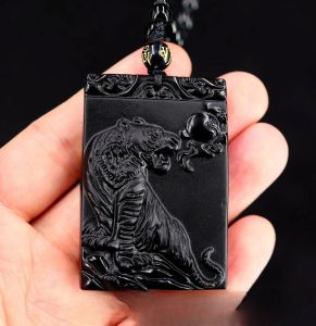 Halsband naturliga svarta obsidian tiger hänge kinesiska zodiak halsband mode charm smycken snidade pixiu amulet gåvor för kvinnor män