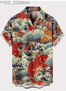 Men's Shirts Retro animal koi pattern 3D printing mens and fashionable short sleeved shirt with button up collar oversized unisex clothing street wear yq240422