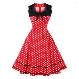 カジュアルドレスVolalo 50s 60s Vintageレトロ女性ドレスノースリーブポルカドットパーティーVestidoエレガントパッチワークレッドAラインビッグ4xl