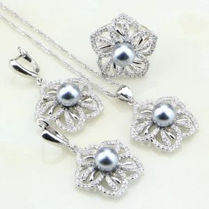 Colares Flor Flor White Cubic Zirconia Cinza Pérola 925 Jóias de Prata Sterling Conjunto para Brincos de Presente para Mulheres/Anel/Pingente/Colar