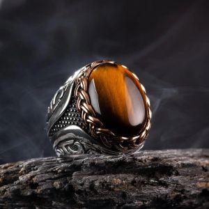 Bandas vintage Brown Tiger Eye Stone Rings For Men Women Turkish Handmade Spiral Gravado Ring Ring Anniversary Gift Anillo Hombre