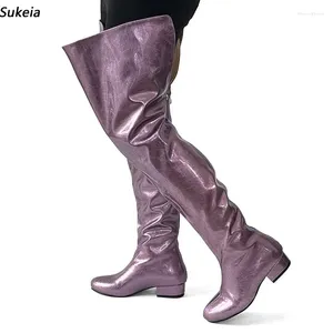 Stiefel Sukeia handgefertigte Frauen Winter Oberschenkel Crack Patent flach mit Absätzen rund Zeh Zehme lila Bankettschuhe Damen US-Größe 5-20