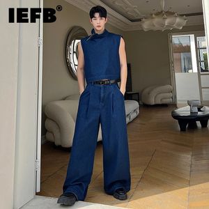 IEFB MENS denim setleri Kore niş standı yaka denim yelek gevşek geniş bacak düz kot yaz erkek iki parça 9C138 240412