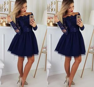 Off The Shoulder Short Party Dresses With Long Sleeve Sequin Applique Draped Prom Dress Cocktail Homecoming Dress Cheap Navy Blue 2399664