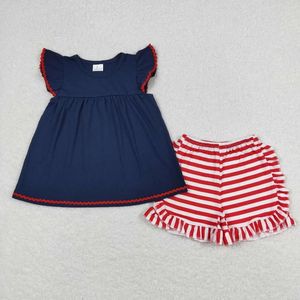 Kleidungssets Großhandel Baby Girl Sommer Kurzärmel Cotton Marine Blue Tunika Kleinkind 4. Juli Kinder Set Kinder Red Stripes Shorts Outfit