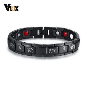 Strands Vnox Vintage Eye of Horus Ankh Cross Energy Bracelets for Men Healthy Black Stainless Steel Therapy pulseira masculina