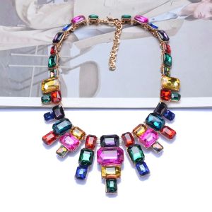 Necklaces 2024 New Fashion Colorful Glass Crystal Large Collar Big Bib Choker Necklace Women Indian Statement Metal Alloy Necklace Jewelry