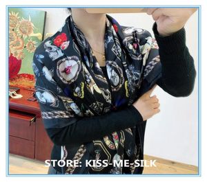 KMS European medieval vintage oil painting silk scarf black atmospheric skull silk scarf plain crepe satin shawl 140 LJ2011129954492