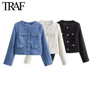 Traf Women Fashion Spring Flip Pocket Jacket Single-Breasted Crewneck Tweed Short Coats Chic Ladies Tops Mujer 240421