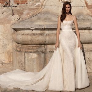 Cramori perle perle da ricamo spaghetti cinghieri abiti da sposa sirena con maniche 2 in 1 rimovibile Trumpet Train Trumpal Abiti da sposa 2024