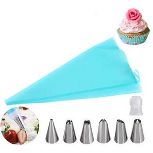 Creme de gelo tubulação de silicone saco de pastelaria reutilizável+6 ferramentas de cozimento em aço inoxidável bico de decoração de bolo diy dicas de decoração fondant