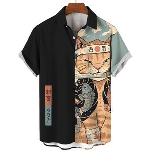 Fashion Mens Shirt Cool Samurai Cat Tops Summer Clothing Casual ShortSleeved Buttons Loose Blouse Hawaiian Shirts 240415
