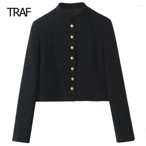 Jaquetas femininas Capt Crop Black Jacket Women Spring Summer Summer 2024 Sleeves longas de colarinho no casaco Designer de luxo elegante