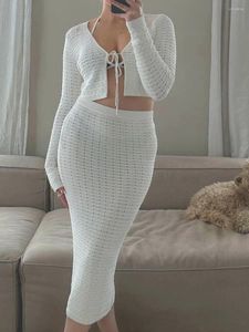 Vestidos de trabalho Mulheres Summer Summer Crochet Knit Roupfits Top elástico de manga comprida com maxi saia praia de praia