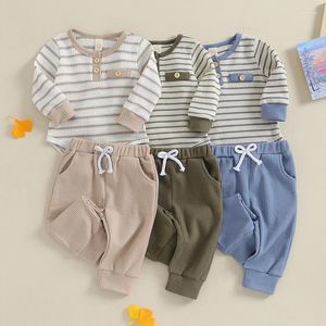 Giyim Setleri Toddler Çocuk Giysileri Bebek Erkekler Pamuk Çizgili Baskı Düğmesi Uzun Kollu Bodysuits Drawstring Pants