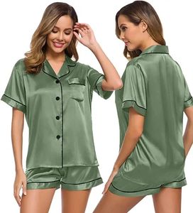 Satin Pyjamas Womens Short Sleeve Sleepwear Soft Silk Button Down Loungewear PJS Shorts Set SXXL 240410