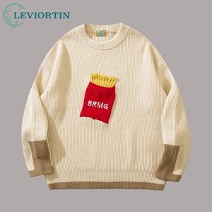 Männer Vintage gestrickter Pullover Y2k Streetwear Hip Hop Patch Spaß Pommes Garnieren Jumper Harajuku lässig losen Punk Gothic Pullovers 240419