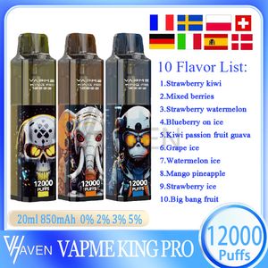 Original VAPME KING PRO 12000 Puff Disposable Vape Pen 20ml Pre-filled Pod Mesh Coil 850mAh Rechargeable Battery 0% 2% 3% 5% Level Puffs 12k E Cigarette 10 Flavors