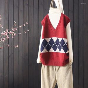 Women's Vests Jacket Vest Spring Artistic Diamond Plaid V-neck Loose Pullover Wool Knit Sweater Clothing Chaleco Mujer