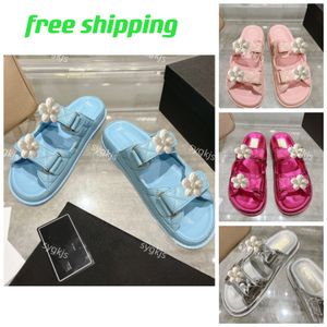 Luxury Blue Silver Magic Stick Dad Style Slide Sandals Quilted Calfskin Quality Designer Shoes Womens Genuine Leather Flat Heels Casual Style Size 35 to 41 42