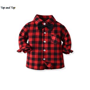 T-shirts Top och Top Autumn Winter Toddler Boys Plaid Gentleman Shirts Topps Kids Boy Long Sleeve Bowtie Lapel Blusa Children Costume