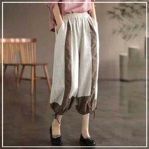 Kvinnor Pants Capris 2024 Summer Fashion Minimalist Retro Color Blocking Casual Loose Overdimasy Cotton Linen Harlan Womens Pants Y240422