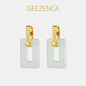 Küpe Geezenca Natural Jade 925 STERLING Gümüş Zirkon Sarkık Küpe Kadınlar Basit Geometrik Minimalizm Şık Küpe 2023 Yeni Hediye