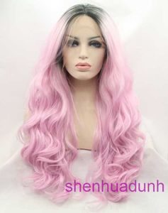 HD Body Wave Highlight Spitzenfront menschliches Haar Perücken für Frauen Perücken Damen Fashion Black Gradient Pink großer Halbhandhaken Chemische Faser LW0316