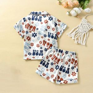 Kleidungssets Kleinkind -Pyjamas Baby Jungen Mädchen PJS Kurzarmknopf Down Satin Tops und Shorts Kinder 4. Juli