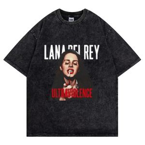 Shirts Summer Retro Washed Men Tshirts Lana Del Rey Print T Shirt 100% Cotton Loose Casual Tees Unisex Short Sleeve Tops Y2k Clothes