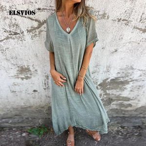 Vestidos de festa verão solto casual cor sólida algodão e linho vestido moda manga curta v pescoço meados cintura elegante saias femininas