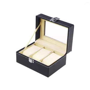 Watch Boxes Box Large 3 Grids Mens Black PU Display Jewelry Case Organizer Gift Storage With Lock And Mirror