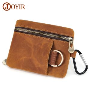 Purses JOYIR Vintage Crazy Horse Leather Coin Purse With Keychain Men Women Mini Short Wallet Card Holder Change Purse Storage Bag