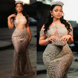 2024 Plus Size Sparkling Prom Dresses for Black Women Promdress Evening Dresses Elegant Halter Beaded Lace Illusion Birthday Party Dress Reception Gowns AM744