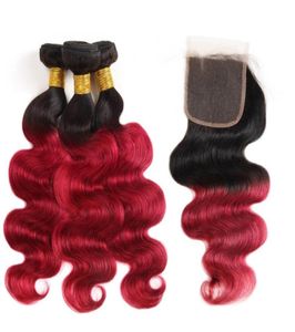 Как омбре цвета T1Bbug волосы плетения наращивания перуанских волос 3bundles с закрытием омбр волны для тела человеческие волосы71247048531630