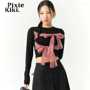 Kvinnors T-skjortor Pixiekiki Y2K Söt kärnrosa Mesh Bow Tie Crop Tops Långärmad kvinnors Coquette-kläder Estetiska P85-BH17