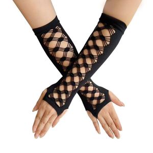 Women Elbow Length Punk Gloves Elastic Fingerless Gloves Touch Screen Mittens Cutout Cross Mesh Gloves Cosplay Party Costumes Fashion Accessories