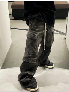 Herr jeans denim rökig grå tung smutsig tvätt golvlängd last arbetskläder robust slitstarka streetwear stil komfort passform