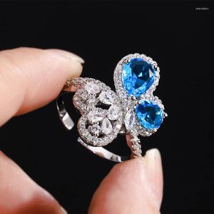 Cluster Rings Creative Design S925 Sterling Silver Butterfly Full Diamond Blue Zircon Ring Fashion Match för kvinnors smycken