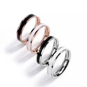 Bandas Ringos de casamento de 4 mm de casamento aço inoxidável preto esmalte branco Novo jóias de casal jóias mulheres minimalistas de ouro rosa tamanho 3 a 10