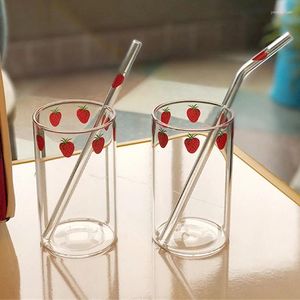 Wine Glasses Kawaii Mugs Clear Juice Style Coffee Lady Gifts Glass Straws With Set Water Ins Strawberry Cup Cups Girl For Milk Cute