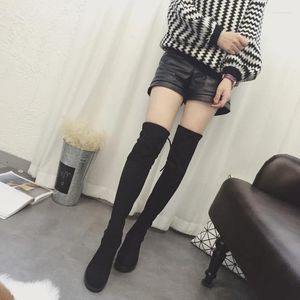 Boots Slim Leg Stovepipe Thigh High Women Elastic Flock Long Botte Plus Size Low Heel Over Knee Botas Winter Stretch Socks