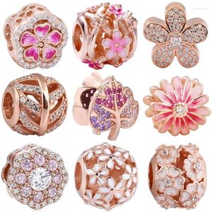 Loose Gemstones Original Rose Sparkling Leaf Pink Daisy Flower Radiant Hearts Charm Diy Jewelry Fit 925 Sterling Silver Bead Bracelet