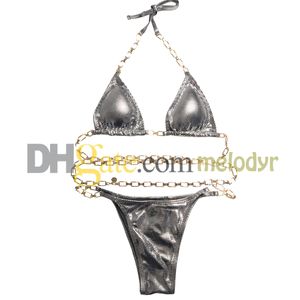 Sexig kedja bikinis kvinnor thong biquinis sommarstrand simning badkläder metall brev bra baddräkt för helgdagar