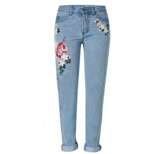 Jeans Women's Wholesale- Vintage High Waist Women Denim Flower Pencil Pants Designer Embroidered Plus Size 2023