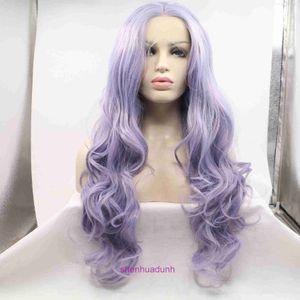 HD Body Wave Highlight Spets Front Human Hair Wigs For Women Hot Selling Purple Daily Long Curly Wig med spets syntetiskt pannband framför